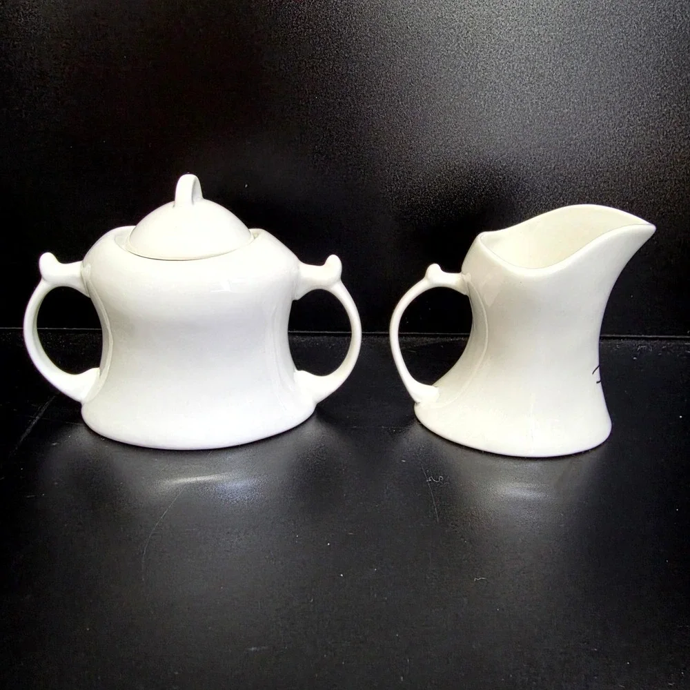 Modern Ceramic Sugar Bowl & Creamer Set White Black Rose Swirl Spiral Art Deco